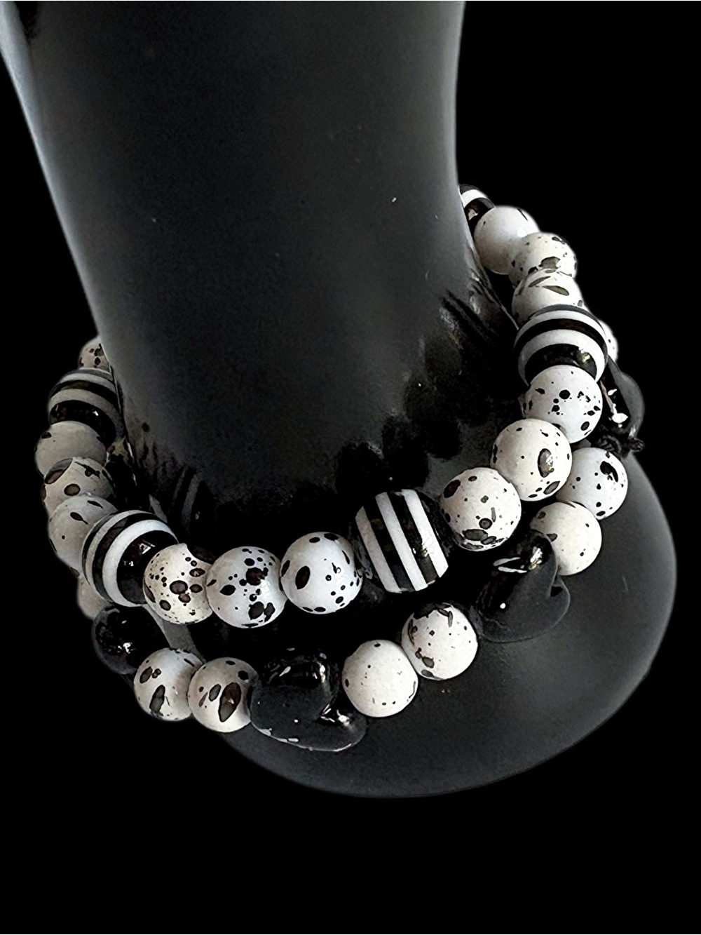 Handmade Black & White Splatter Beaded Stretch Bracelet Set of 2